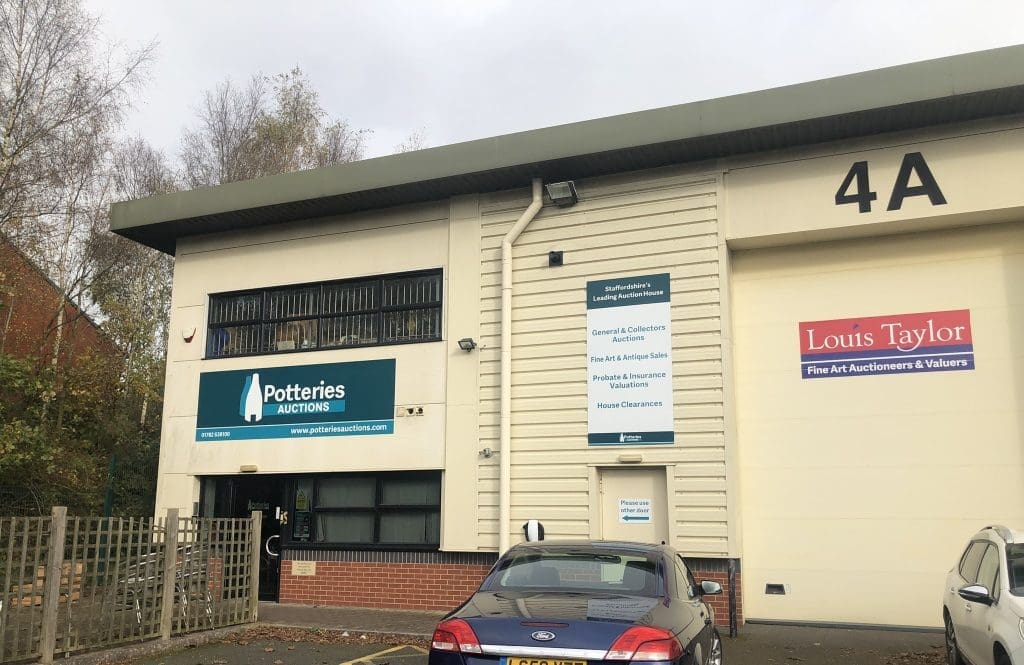 Potteries Auction Silverdale: Turn into Silverdale Enterprise Park (Kents Lane). Take the first right into Cannel Row, followed by the first left onto Aspect Court. Potteries Auctions are in Unit 4A in the far-left hand corner. There is free parking available.